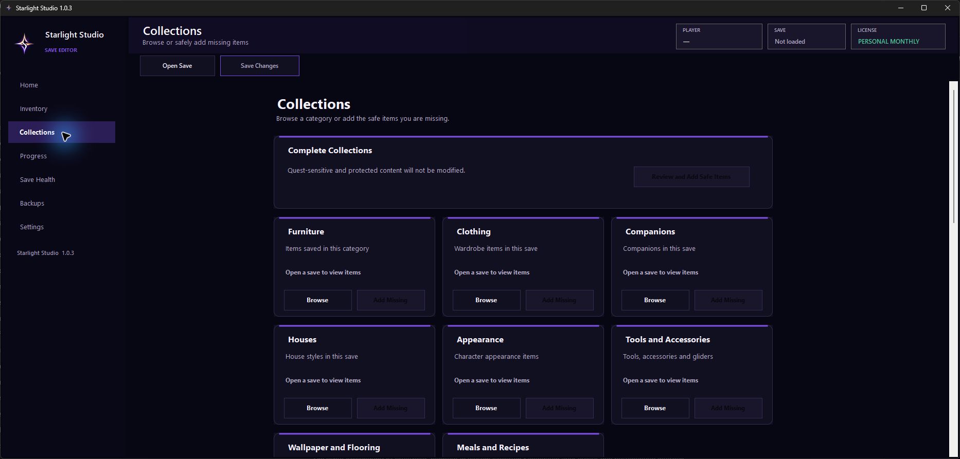 Real Starlight Studio 1.0.3 Collections screen